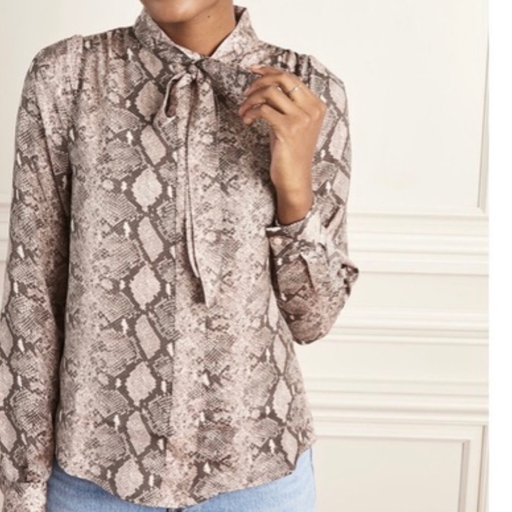 STELLA & DOT Women’s Brown Snake Print LADY BOSS Bow Front Long Sleeve Blouse M